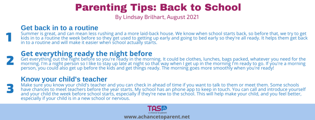 Parenting Tips AUGUST Back-to-School Tips horizontal graphic